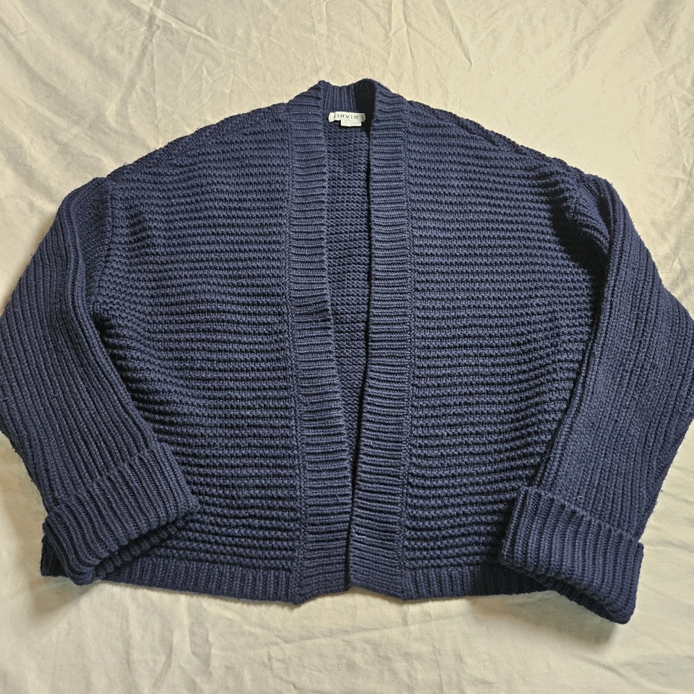 Orvis Navy Blue Mixed Stitch Cardigan Sweater Women's‎ Large Merino Wool Blend